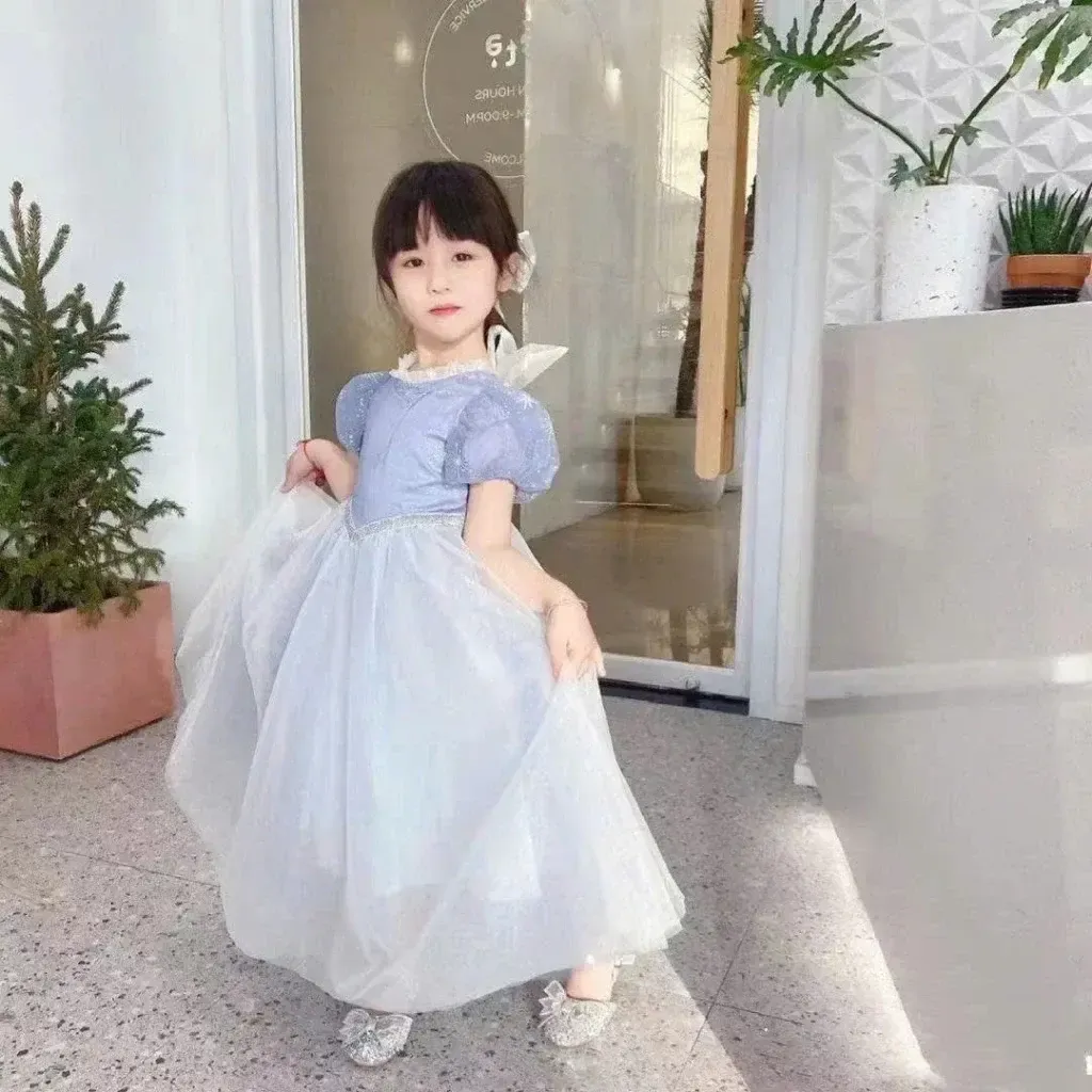 Đầm xòe Quảng Châu thiết kế vải ren bồng bềnh tay bồng công chúa cho bé gái 32-36kg - Ảnh 1
