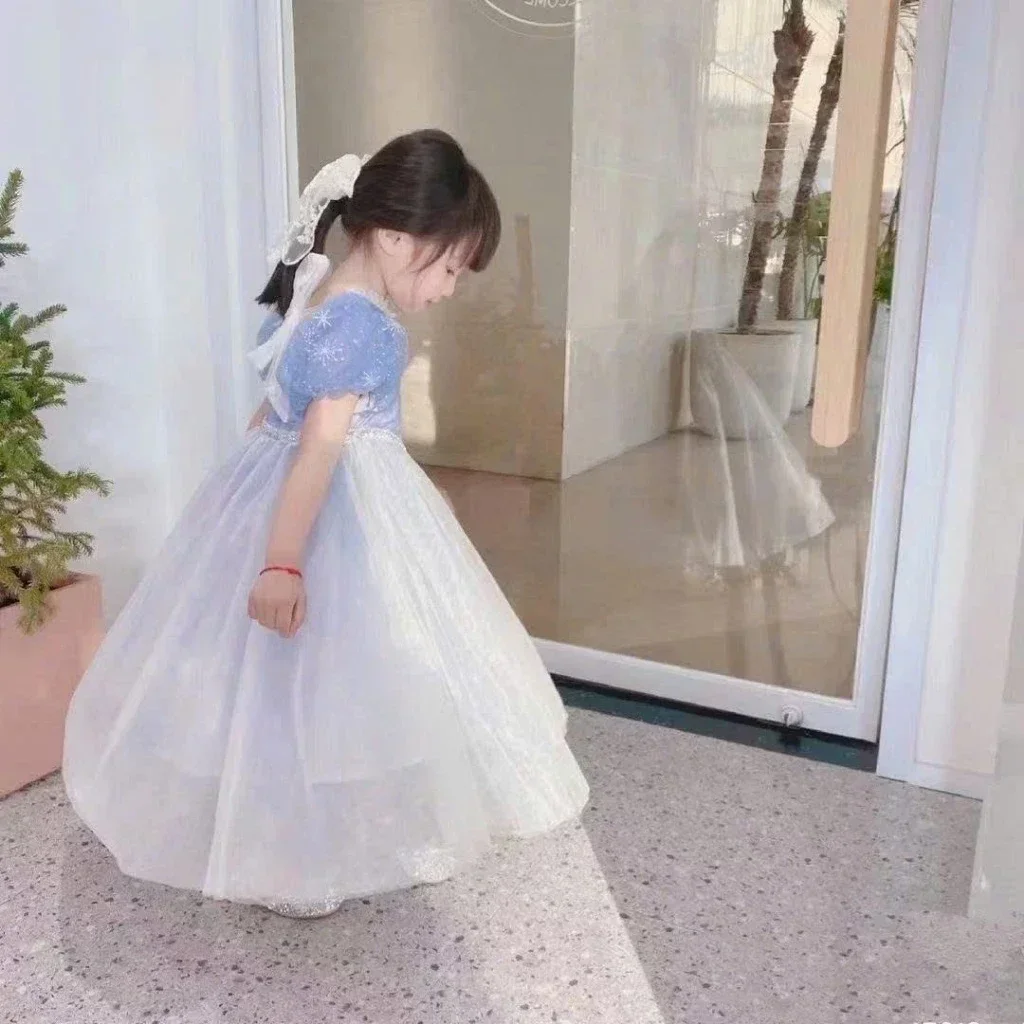 Đầm xòe Quảng Châu thiết kế vải ren bồng bềnh tay bồng công chúa cho bé gái 32-36kg - Ảnh 2