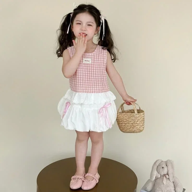 Set Áo Sát Nách Caro Kèm Váy Bí Phồng Ren Nơ - Chất Cate Mát Lịm Cho Bé Gái - Ảnh 2
