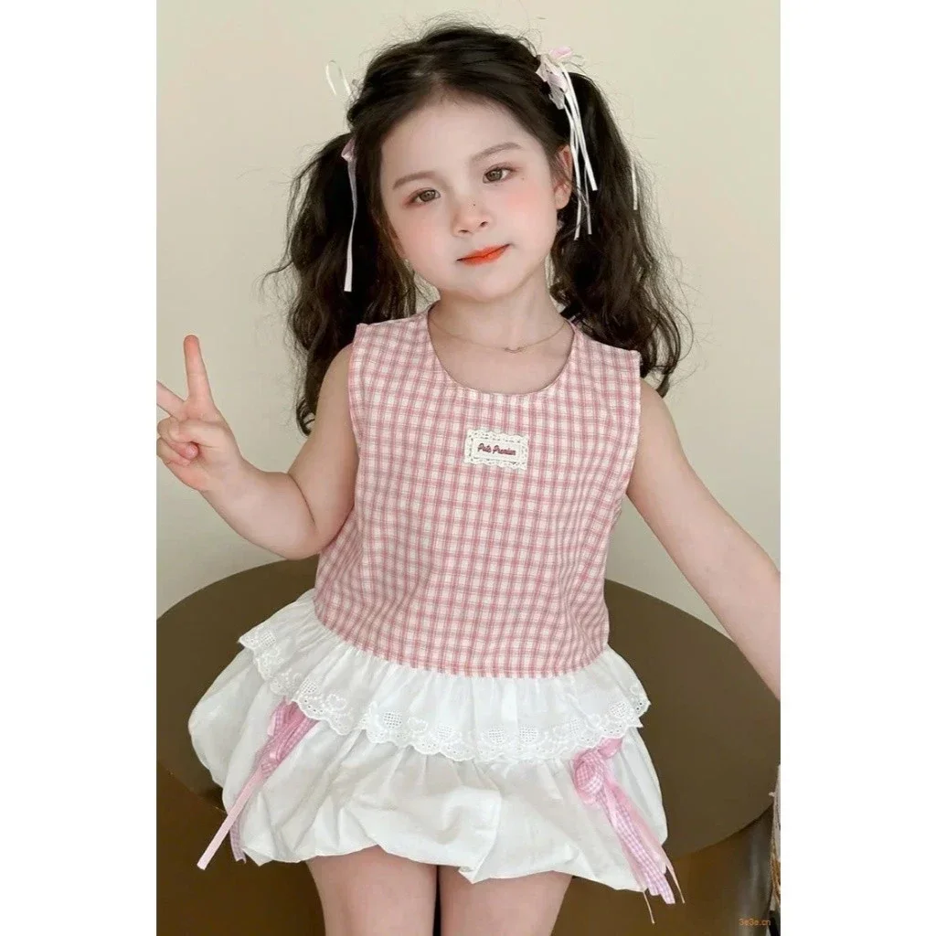 Set Áo Sát Nách Caro Kèm Váy Bí Phồng Ren Nơ - Chất Cate Mát Lịm Cho Bé Gái - Ảnh 1