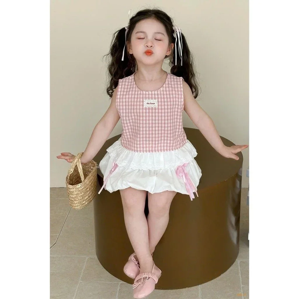 Set Áo Sát Nách Caro Kèm Váy Bí Phồng Ren Nơ - Chất Cate Mát Lịm Cho Bé Gái - Ảnh 3