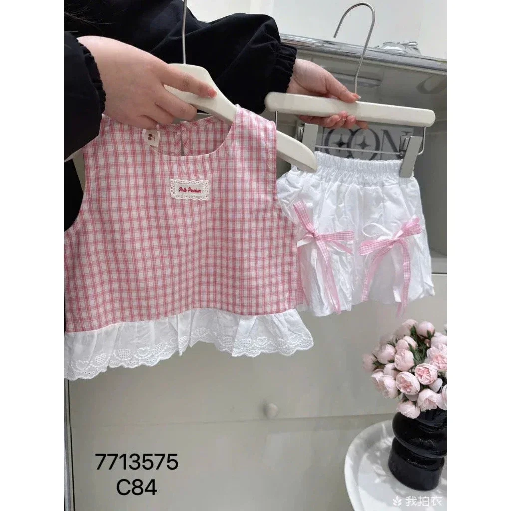 Set Áo Sát Nách Caro Kèm Váy Bí Phồng Ren Nơ - Chất Cate Mát Lịm Cho Bé Gái - Ảnh 4