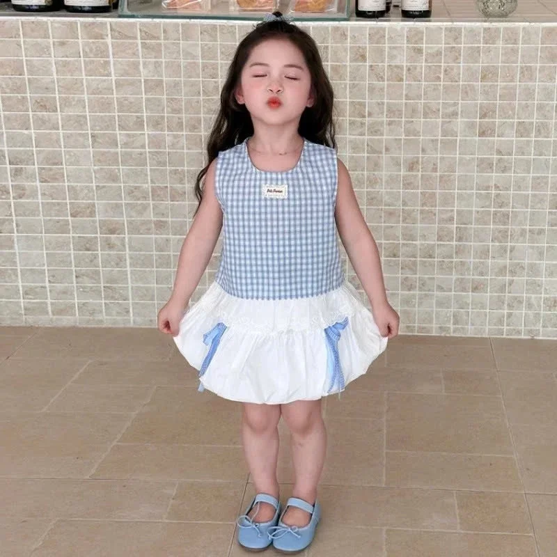 Set Áo Sát Nách Caro Kèm Váy Bí Phồng Ren Nơ - Chất Cate Mát Lịm Cho Bé Gái - Ảnh 5