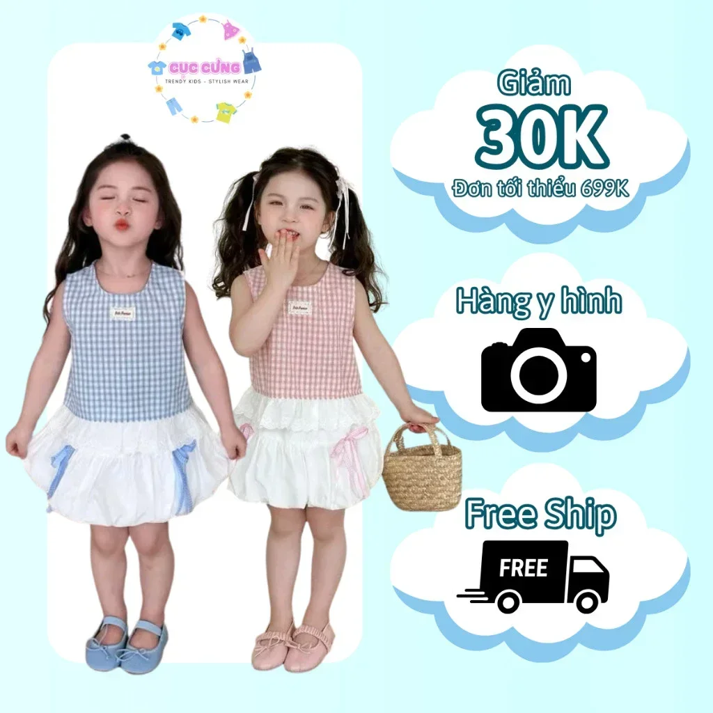 Set Áo Sát Nách Caro Kèm Váy Bí Phồng Ren Nơ - Chất Cate Mát Lịm Cho Bé Gái - Ảnh 7