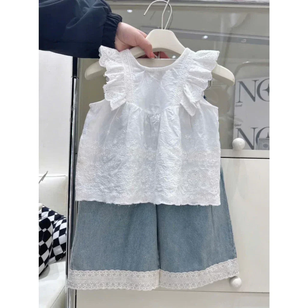 Set Bé Gái Áo Ren Phối Quần Jean - Ảnh 1