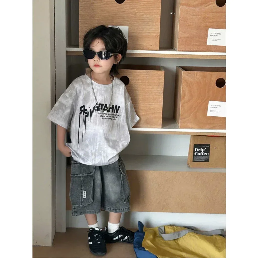 Set Bộ Áo Thun Loang Màu Xám Trắng In 'WHATEVER' & Quần Short Jean Cargo Túi Hộp Cho Bé Trai - Ảnh 1