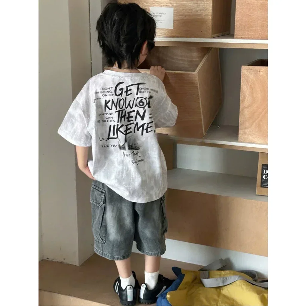 Set Bộ Áo Thun Loang Màu Xám Trắng In 'WHATEVER' & Quần Short Jean Cargo Túi Hộp Cho Bé Trai - Ảnh 2