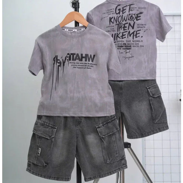 Set Bộ Áo Thun Loang Màu Xám Trắng In 'WHATEVER' & Quần Short Jean Cargo Túi Hộp Cho Bé Trai - Ảnh 5