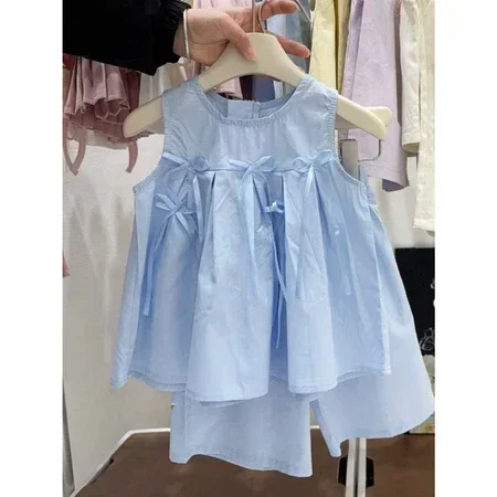 Set Bộ Bé Gái Áo Sát Nách Dáng Xòe Đính Nơ Kèm Quần Short Vải Mát, Hàng QC loại 1 - Ảnh 1