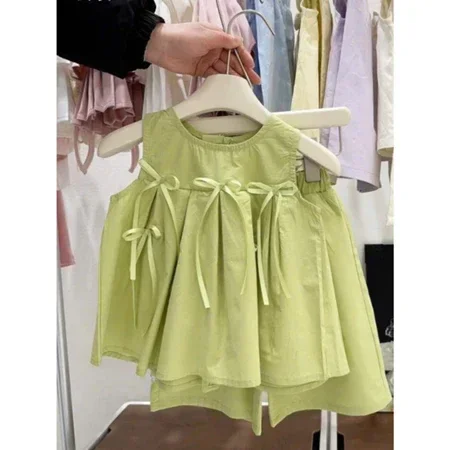Set Bộ Bé Gái Áo Sát Nách Dáng Xòe Đính Nơ Kèm Quần Short Vải Mát, Hàng QC loại 1 - Ảnh 2