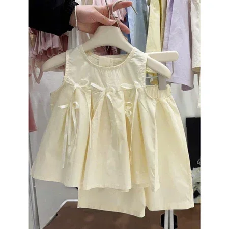 Set Bộ Bé Gái Áo Sát Nách Dáng Xòe Đính Nơ Kèm Quần Short Vải Mát, Hàng QC loại 1 - Ảnh 3