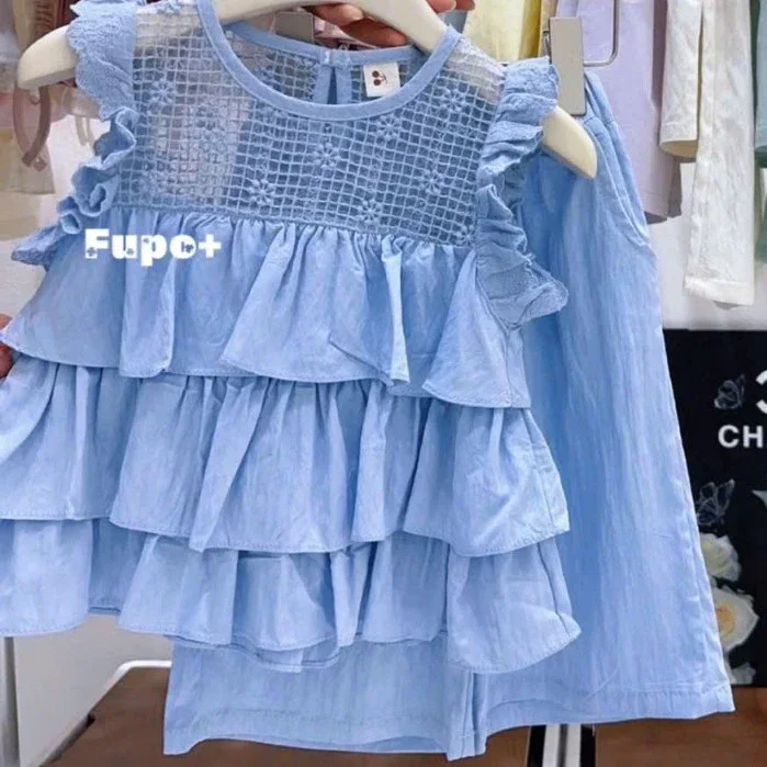 Set Bộ Bé Gái Tiểu Thư Phối Ren Cotton Mềm Mại - Áo Bèo Tầng Kèm Quần Ống Rộng Vải Đũi Mát Mẻ - Ảnh 4