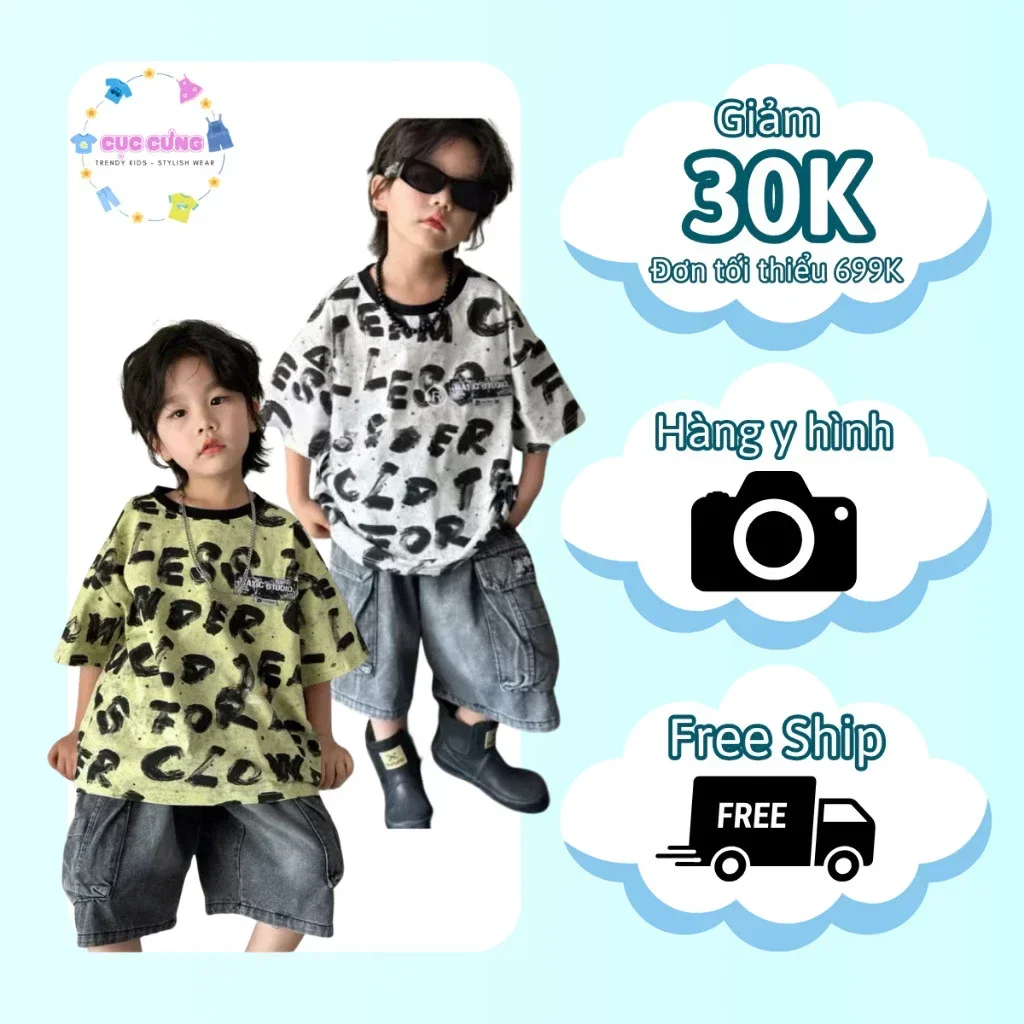Set Bộ Bé Trai Áo Thun Cotton 100% Nền Loang In Chữ Graffiti & Quần Short Jean Cotton Cargo Túi Hộp - Ảnh 8