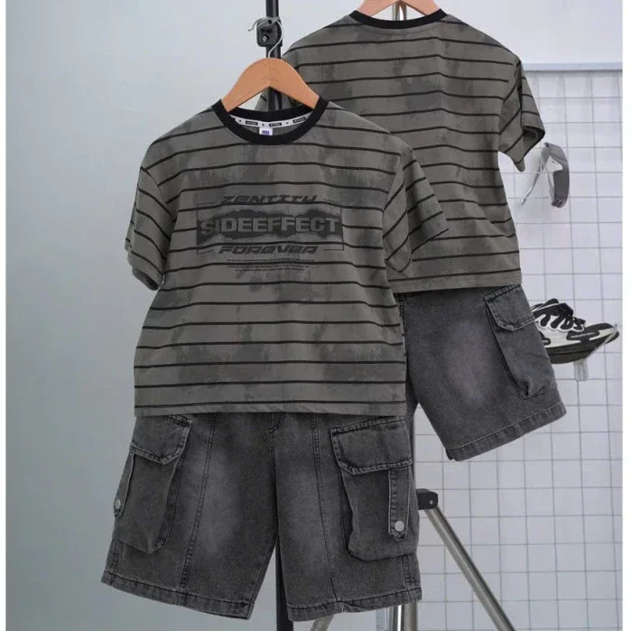 Set Bộ Bé Trai Phong Cách HipHop - Áo Thun Cotton Loang Kẻ & Quần Jean Túi Hộp QC Cao Cấp - Ảnh 3