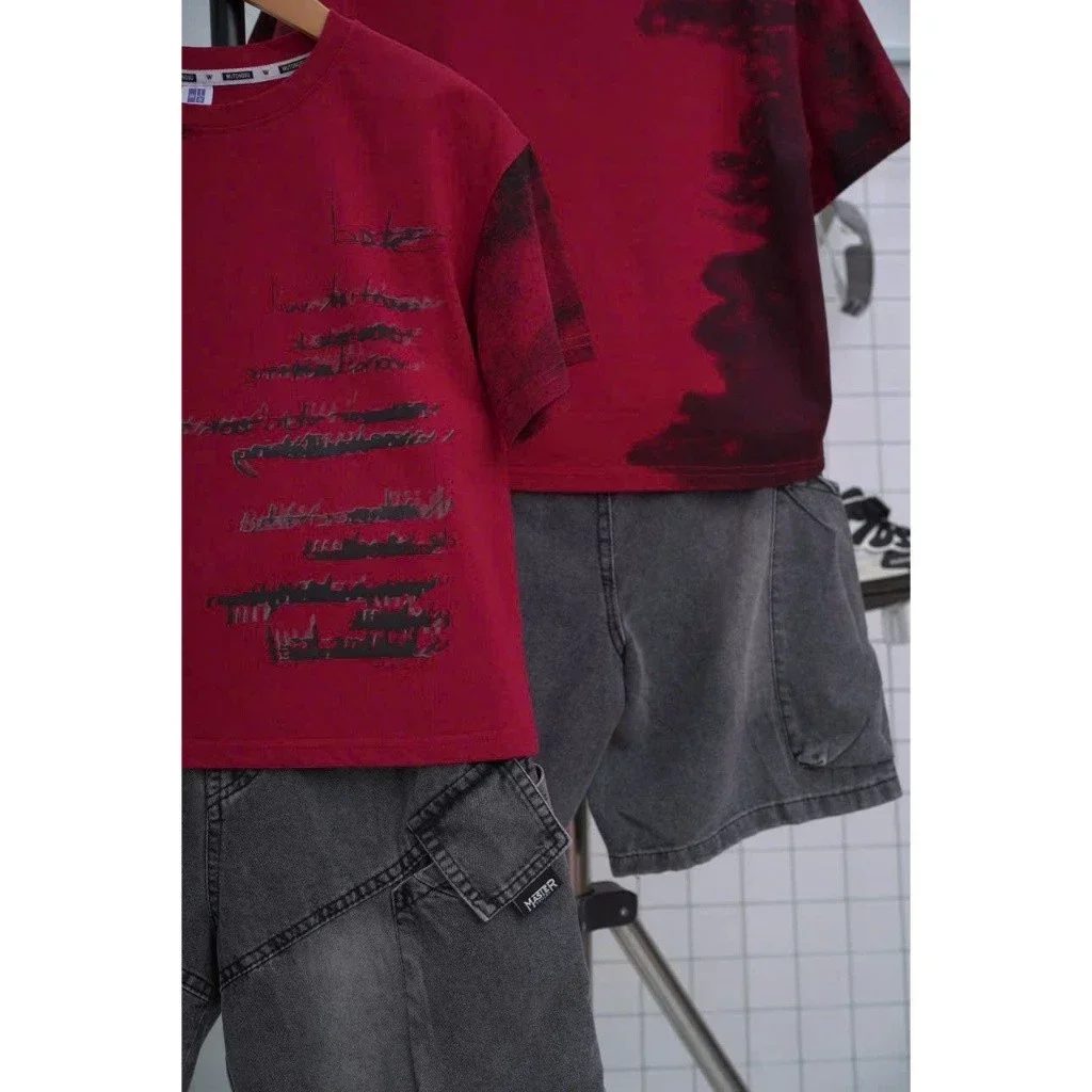 Set Đồ Áo Thun In Chữ Graffiti Phối Họa Tiết Loang Đen & Quần Short Jean Cargo Cho Bé Trai Năng Động - Ảnh 3