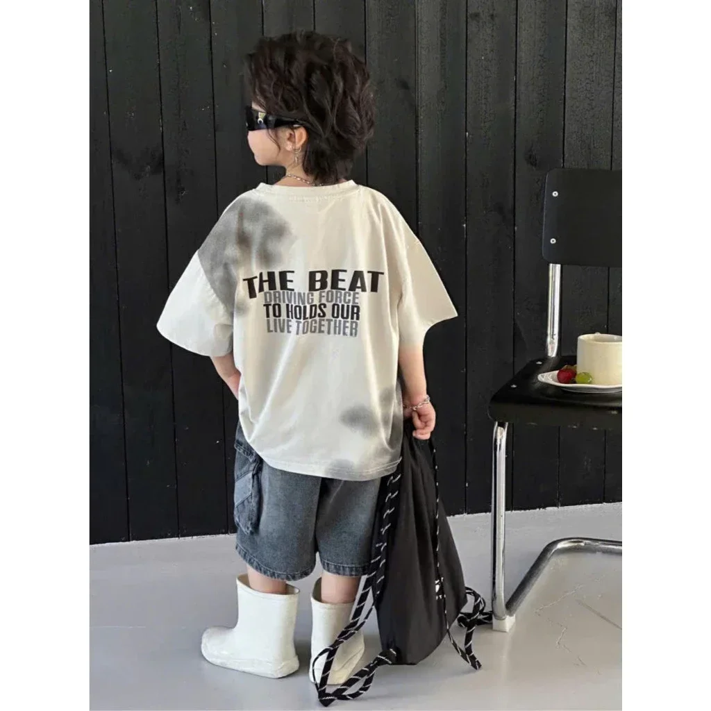 Set Đồ Bé Trai Cá Tính Áo Thun Loang Màu In Hình "THE BEAT" Kèm Quần Short Jeans - Ảnh 2
